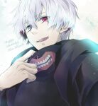 1boy black_jacket black_shirt character_name grey_eyes grey_hair hair_between_eyes hand_up happy_birthday heterochromia highres jacket kaneki_ken kyoya_(0o-7snow7-o0) looking_at_viewer male_focus mask mask_removed mouth_mask open_mouth red_eyes shirt simple_background smile solo teeth tokyo_ghoul upper_body white_background 
