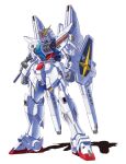  arm_cannon clenched_hands gundam gundam_silhouette_formula_91 head_tilt heyzan mecha mobile_suit science_fiction shadow shield silhouette_gundam solo standing v-fin weapon white_background 
