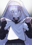  1girl :o absurdres bangs black_dress blue_eyes blush commentary_request dress eyebrows_visible_through_hair hair_between_eyes hands_up highres long_sleeves looking_at_viewer nun original parted_lips sleeves_past_wrists solo sugomori_tsuru_(artist) upper_body white_hair 