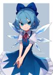  1girl absurdres bangs blue_eyes blue_hair blue_nails blue_skirt bow cirno cirno_day commentary cowboy_shot detached_wings hair_bow highres ice ice_wings looking_at_viewer nail_polish neck_ribbon razuzyamu red_neckwear ribbon shirt short_hair short_sleeves skirt smile solo touhou twitter_username white_shirt wings 