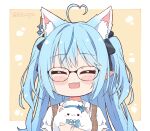  1girl ^_^ ahoge animal_ear_fluff animal_ears bangs black-framed_eyewear black_bow blue_hair blush_stickers bow brown_background brown_dress closed_eyes commentary dress eyebrows_visible_through_hair facing_viewer glasses hair_bow heart_ahoge hololive kemonomimi_mode kukie-nyan long_hair multicolored_hair pointy_ears puffy_short_sleeves puffy_sleeves sailor_collar sailor_dress shirt short_sleeves sleeveless sleeveless_dress streaked_hair twitter_username two-tone_background two_side_up upper_body virtual_youtuber white_background white_sailor_collar white_shirt yukihana_lamy yukimin_(yukihana_lamy) 