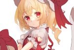  1girl :/ bangs blonde_hair blush bow breasts close-up closed_mouth clothing_cutout commentary_request crossed_bangs drill_hair eyebrows_visible_through_hair eyes_visible_through_hair flandre_scarlet hat hat_bow heart_cutout mob_cap one_side_up paragasu_(parags112) pointy_ears puffy_short_sleeves puffy_sleeves raised_eyebrows red_bow red_eyes red_vest short_sleeves simple_background small_breasts solo touhou vest white_background white_headwear wings 