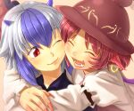  2girls :3 :d ^_^ animal_ears bad_id bad_pixiv_id blue_eyes cheek-to-cheek cheek_squash close-up closed_eyes earrings eyebrows face fangs fingernails friends happy hat head_wings heads_together highres horns hug jewelry long_fingernails multicolored_hair multiple_girls mystia_lorelei nail_polish one_eye_closed open_mouth photoshop_(medium) pink_hair pink_nails red_eyes shiba_itsuki silver_hair single_head_wing single_wing smile tokiko_(touhou) touhou two-tone_hair wings 