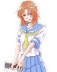  1girl billhook blue_eyes clenched_teeth highres higurashi_no_naku_koro_ni looking_at_viewer neckerchief orange_hair ryuuguu_rena sailor_collar school_uniform serafuku short_hair solo teeth v-shaped_eyebrows white_background yayamori_(pixiv60693756) yellow_neckwear 