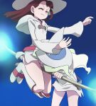  2girls boots brown_hair closed_eyes closed_mouth diana_cavendish haruyama_kazunori hat kagari_atsuko light_green_hair little_witch_academia long_hair luna_nova_school_uniform multicolored_hair multiple_girls no_panties school_uniform skirt thigh-highs thigh_boots two-tone_hair wavy_hair 