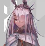  1girl animal_ears arknights artist_name black_eyes black_scarf chinese_commentary commentary_request frostnova_(arknights) grey_background grey_hair hair_ornament hair_over_one_eye hairclip huan_zi_bu_cheng jacket long_hair looking_at_viewer open_mouth portrait rabbit_ears reunion_logo_(arknights) scarf simple_background solo white_jacket 