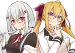  2girls ahoge black-framed_eyewear blonde_hair blush bow breasts closed_mouth eyebrows_visible_through_hair glasses gloves grey_hair hair_bow hakase_fuyuki highres large_breasts long_hair long_sleeves looking_at_viewer low_twintails multiple_girls nijisanji red-framed_eyewear red_bow red_eyes smile takamiya_rion twintails tyoko_tanuki16 virtual_youtuber white_gloves 