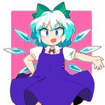  1girl :d bangs blue_dress blue_eyes blue_hair border bow cirno collared_shirt cowboy_shot dress eyebrows_visible_through_hair green_bow hair_bow hand_on_hip ice ice_wings ini_(inunabe00) looking_at_viewer open_mouth pinafore_dress pink_background puffy_short_sleeves puffy_sleeves red_neckwear shirt short_hair short_sleeves simple_background smile solo standing touhou v-shaped_eyebrows white_border white_shirt wings 