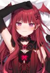  1girl amashiro_natsuki araka_luto arm_up armpits bangs black_gloves blunt_bangs blush bow bug butterfly demon_girl elbow_gloves flat_chest gloves head_wings highres long_hair lying on_back pointy_ears prism_project red_bow red_shirt redhead shirt solo upper_body violet_eyes virtual_youtuber 