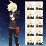  1boy ahoge asatsuki_(fgfff) bag bangs black_pants blonde_hair closed_mouth collarbone commentary_request ear_piercing expression_chart fanny_pack frown gladion_(pokemon) green_eyes hair_over_one_eye hand_on_own_wrist highres hood hood_down hoodie long_sleeves looking_at_viewer male_focus multiple_views orange_bag pants piercing pokemon pokemon_(game) pokemon_sm snowflakes standing torn_clothes torn_hoodie torn_pants 