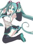  1girl :d aqua_eyes aqua_hair boots commentary detached_sleeves hatsune_miku headset highres jumping long_hair naitou_kouse necktie open_mouth panties panty_peek sleeveless smile solo thigh-highs thigh_boots twintails underwear very_long_hair vocaloid white_background white_panties 