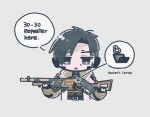  1boy 30-30_repeater apex_legends black_eyes black_hair cfcult7825 chibi computer crypto_(apex_legends) eyebrows_visible_through_hair grey_background gun holding holding_gun holding_weapon jacket laptop male_focus open_mouth portrait rifle solo weapon white_jacket 
