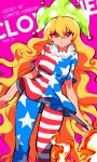  1girl :/ alternate_color american_flag_dress american_flag_legwear bangs blonde_hair breasts character_name clownpiece eyebrows_visible_through_hair fire hair_between_eyes hat highres holding holding_torch jester_cap long_hair looking_at_viewer mindoll neck_ruff pantyhose pink_background pink_eyes polka_dot short_sleeves small_breasts solo torch touhou 