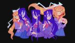  2girls black_background blood doki_doki_literature_club hair_ornament hairclip hoaxghost holding holding_knife knife long_hair monika_(doki_doki_literature_club) multiple_girls purple_hair ribbon school_uniform simple_background yuri_(doki_doki_literature_club) 