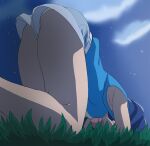  1girl ass blue_hair clouds grass haruyama_kazunori kirakira_precure_a_la_mode medium_hair night open_mouth panties precure shorts sky solo star_(sky) starry_sky tategami_aoi underwear 