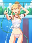  1girl arm_up bangs blonde_hair blue_sky bralines chain-link_fence closed_eyes clouds cloudy_sky commentary_request commission cowboy_shot crotch_seam day drill_locks empty_pool eyebrows_visible_through_hair facing_viewer fence gym_shirt gym_uniform holding holding_hose hose idolmaster idolmaster_cinderella_girls lielos navel no_pants ohtsuki_yui open_mouth outdoors panties partial_commentary pixiv_request pool see-through shirt short_hair_with_long_locks short_sleeves sky smile solo standing tied_hair tied_shirt underwear water wet wet_clothes wet_shirt white_panties 