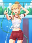  1girl arm_up bangs blonde_hair blue_sky bralines chain-link_fence closed_eyes clouds cloudy_sky commentary_request commission cowboy_shot day drill_locks empty_pool eyebrows_visible_through_hair facing_viewer fence gym_shirt gym_shorts gym_uniform holding holding_hose hose idolmaster idolmaster_cinderella_girls lielos navel ohtsuki_yui open_mouth outdoors partial_commentary pixiv_request pool red_shorts see-through shirt short_hair_with_long_locks short_sleeves shorts single_vertical_stripe sky smile solo standing tied_hair tied_shirt water wet wet_clothes wet_shirt 