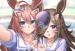  2girls absurdres ahoge animal_ears black_hair blue_eyes blue_flower blue_rose blurry blurry_background blush brown_hair closed_mouth collarbone drawn_ears drawn_whiskers flower hair_between_eyes hair_over_one_eye hairband hat highres horse_ears long_hair looking_at_viewer metal_hairband mihono_bourbon_(umamusume) mini_hat multiple_girls ooeyama open_mouth reaching_out rice_shower_(umamusume) rose school_uniform selfie short_sleeves smile tracen_school_uniform umamusume upper_body v violet_eyes 