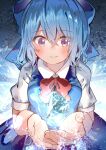  1girl bangs blue_background blue_bow blue_dress blue_hair blush bow bowtie breasts cirno closed_mouth collar collared_shirt dress eyebrows_visible_through_hair eyes_visible_through_hair hair_between_eyes hands_up highres ice ice_wings light medium_breasts puffy_short_sleeves puffy_sleeves red_bow red_neckwear shadow shirt short_hair short_sleeves smile snow solo tamagogayu1998 touhou violet_eyes white_shirt white_sleeves wings 