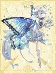  1girl absurdly_long_hair blue_eyes breasts bug butterfly butterfly_wings chain_paradox dress elbow_gloves flower frilled_dress frills full_body gloves hair_flower hair_ornament harenochi_hareta highres long_hair official_art silver_hair small_breasts solo very_long_hair wings yellow_background 