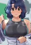  1girl bangs black_swimsuit blue_hair blurry blurry_background blush breasts brown_eyes closed_mouth commentary competition_swimsuit cowboy_shot depth_of_field embarrassed eyebrows_visible_through_hair idolmaster idolmaster_million_live! jacket kamille_(vcx68) large_breasts light_frown long_sleeves looking_at_viewer one-piece_swimsuit short_hair solo swimsuit toyokawa_fuuka undressing unzipping white_jacket 