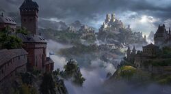  architecture battlement bird bridge building castle chinese_commentary clouds cloudy_sky flag forest highres ling_xiang medieval mountain nature no_humans original outdoors scenery sky sunlight tile_roof tower town tree wall window 