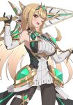  1girl absurdres bangs bare_legs bare_shoulders blonde_hair breasts chest_jewel dress earrings elbow_gloves gloves gonzarez highres jewelry large_breasts long_hair mythra_(massive_melee)_(xenoblade) mythra_(xenoblade) short_dress solo swept_bangs thigh_strap tiara very_long_hair white_dress white_footwear white_gloves xenoblade_chronicles_(series) xenoblade_chronicles_2 yellow_eyes 