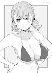  1girl bikini breasts grey_background greyscale hands_on_hips highres kichihachi large_breasts looking_at_viewer monochrome original short_twintails simple_background solo swimsuit twintails two-tone_background upper_body white_background 