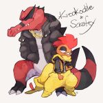  chain_necklace character_name claws clothed_pokemon commentary_request gen_5_pokemon half-closed_eyes hood hood_down hooded_jacket jacket krookodile ngr_(nnn204204) no_humans open_clothes open_jacket pokemon pokemon_(creature) scrafty sharp_teeth simple_background standing teeth white_background 