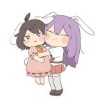  2girls animal_ears arms_up bangs barefoot belt blush brown_footwear brown_hair carrot_necklace chibi citrus_(place) closed_eyes closed_mouth collar collared_shirt dress eyebrows_visible_through_hair hair_between_eyes hands_up hug inaba_tewi kneehighs long_hair looking_at_viewer multiple_girls necktie open_mouth pink_dress puffy_short_sleeves puffy_sleeves purple_hair rabbit_ears rabbit_tail red_belt red_neckwear red_skirt reisen_udongein_inaba shirt shoes short_hair short_sleeves simple_background skirt smile standing tail touhou white_background white_eyes white_legwear white_shirt 