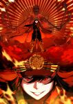  1girl bangs black_hair cape commentary_request family_crest fate/grand_order fate_(series) fire giant_skeleton gloves grin hair_between_eyes hat highres holding holding_sword holding_weapon long_hair long_sleeves looking_at_viewer oda_nobunaga_(fate) oda_nobunaga_(fate)_(all) oda_uri open_mouth peaked_cap red_eyes ryopie smile sword teeth very_long_hair weapon 