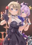  2girls absurdres anniversary azur_lane bangs black_dress black_gloves blue_eyes breasts brown_hair camisole candelabra crown dress eyebrows_visible_through_hair gloves green_eyes half_gloves high_ponytail highres holding_hands javelin_(azur_lane) large_breasts looking_at_viewer medium_hair mini_crown multiple_girls official_alternate_costume one_eye_closed purple_hair sleeveless sleeveless_dress smile swept_bangs take_yaki white_camisole wide_ponytail z23_(azur_lane) z23_(the_banquet&#039;s_honor_student)_(azur_lane) 