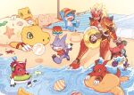  1boy agumon agumon_(data_squad) agunimon armor ball beach blue_eyes brown_eyes character_request claws commentary_request digimon digimon_(creature) digimon_adventure digimon_adventure_02 digimon_frontier digimon_savers digimon_tamers digimon_universe:_appli_monsters digimon_xros_wars digimon_xros_wars:_toki_wo_kakeru_shounen_hunter-tachi fang fangs food gatchmon guilmon gumdramon happy holding holding_food horned_mask ice innertube kim_gyuri knees_up looking_at_another mask open_mouth running sand seashell shell shoutmon sitting smile twitter_username veemon water 