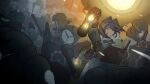  absurdres baton_(weapon) black_hair blue_eyes blue_jacket book breasts clock crowd english_commentary frostpunk ftsagy gloves highres holding holding_book holding_lantern holding_shield holding_weapon hololive hololive_english jacket lantern ouro_kronii shield short_hair snowing tagme virtual_youtuber weapon 