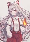  1girl bangs blunt_bangs bow cowboy_shot expressionless fire fujiwara_no_mokou grey_background hair_bow highres long_hair looking_to_the_side nokoki_(motioko5) pants pyrokinesis red_eyes silver_hair simple_background solo suspenders touhou very_long_hair 