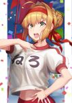 1girl ahoge alternate_costume blonde_hair border braid breasts buruma confetti cowboy_shot fate/grand_order fate_(series) french_braid green_eyes hair_bun hair_intakes hand_on_hip hand_on_own_chest highres large_breasts looking_at_viewer midriff mku navel nero_claudius_(fate) nero_claudius_(fate/extra) open_mouth outside_border red_ribbon ribbon solo white_border 