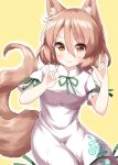  1girl animal_ears bangs bow breasts brown_hair closed_mouth eyebrows_visible_through_hair fox_ears fox_tail green_bow hair_between_eyes hands_up highres jumpsuit kudamaki_tsukasa light_brown_hair looking_at_viewer medium_breasts one-hour_drawing_challenge ruu_(tksymkw) short_hair short_sleeves simple_background smile solo tail touhou white_background white_jumpsuit white_sleeves yellow_background yellow_eyes 