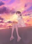 1girl bangs brown_eyes brown_footwear brown_hair closed_mouth clouds cloudy_sky commentary_request dress eyebrows_visible_through_hair highres ikeda_jun_(mizutamari) looking_to_the_side multicolored multicolored_sky orange_sky original outdoors purple_sky redrawn sandals short_dress short_hair sitting sky sleeveless sleeveless_dress solo twilight white_dress 