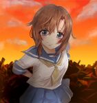  1girl arms_behind_back blue_sailor_collar blue_skirt blush breasts brown_hair cowboy_shot dutch_angle highres higurashi_no_naku_koro_ni junkyard looking_at_viewer medium_breasts neckerchief orange_sky red_sky ryuuguu_rena sailor_collar school_uniform serafuku shirt short_hair sirowanwan skirt sky smile solo sunset violet_eyes white_shirt yellow_neckwear 