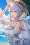  1girl anastasia_(fate) arm_up artist_name bangs bare_shoulders beach blue_dress bracelet breasts brown_headwear clouds cloudy_sky commentary_request day dress earrings eyebrows_visible_through_hair fate/grand_order fate_(series) grey_eyes hair_between_eyes hair_ornament hand_up hands_on_headwear hat highres jewelry kim_eb large_breasts long_hair looking_at_viewer necklace open_mouth outdoors palm_leaf silver_hair sky smile solo star_(symbol) star_hair_ornament sun_hat upper_body upper_teeth very_long_hair 