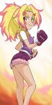  1girl blonde_hair blush_stickers breasts clenched_hands closed_mouth fingerless_gloves fur_trim gloves haruyama_kazunori heybot! long_hair looking_at_viewer multicolored_hair shorts smile solo yellow_eyes 