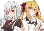  2girls ahoge blonde_hair blush bow breasts closed_mouth eyebrows_visible_through_hair gloves grey_hair hair_bow hakase_fuyuki highres large_breasts long_hair long_sleeves looking_at_viewer low_twintails multiple_girls nijisanji red_bow red_eyes smile takamiya_rion twintails tyoko_tanuki16 virtual_youtuber white_gloves 