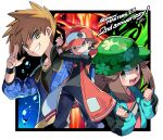  1girl 2boys :d air_bubble baseball_cap black_shirt black_wristband blue_jacket blue_oak brown_eyes brown_hair bubble camouflage camouflage_headwear coat commentary_request fire green_coat green_headwear grin hand_up hands_up hat highres holding holding_poke_ball jacket jewelry leaf_(pokemon) long_sleeves mitsu_(mitu_328) multiple_boys necklace official_alternate_costume open_clothes open_coat open_mouth pants poke_ball poke_ball_(basic) pokemon pokemon_(game) pokemon_masters_ex red_(pokemon) red_coat red_headwear shirt short_hair sleeveless_coat smile spiky_hair teeth tongue upper_teeth wristband 