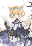  1girl absurdres animal_ears arknights bare_shoulders black_gloves blonde_hair blue_hairband blush braid chinese_commentary closed_mouth commentary_request cowboy_shot dress eyebrows_visible_through_hair fox_ears fox_girl fox_tail frilled_dress frills gloves green_eyes hair_between_eyes hairband highres holding holding_staff id_card infection_monitor_(arknights) looking_at_viewer multicolored_hair multiple_tails partial_commentary simple_background single_glove solo staff starzexingze streaked_hair suzuran_(arknights) tail two-tone_dress white_background white_dress white_hair 
