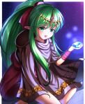  1girl absurdres back_bow bandaged_arm bandages bangs border bow child cloak commentary_request crystal dragonstone dress eyebrows_visible_through_hair fire_emblem fire_emblem:_mystery_of_the_emblem flat_chest glowing green_eyes green_hair hair_ribbon hand_up happy highres holding hondaranya hood hood_down hooded_cloak jewelry light_particles long_hair looking_at_viewer necklace open_mouth outside_border pointy_ears ponytail purple_cloak purple_dress purple_ribbon ribbon sapphire_(gemstone) shiny shiny_hair short_dress sidelocks sitting smile solo teeth tied_hair tiki_(fire_emblem) white_border 
