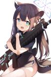  1girl animal_ear_fluff animal_ears black_dress blue_archive brown_hair china_dress chinese_clothes cowengium dress green_eyes gun halo highres long_hair looking_at_viewer object_hug open_mouth rifle short_sleeves shun_(blue_archive) simple_background sitting smile solo thigh-highs twintails weapon weapon_request white_background white_legwear 