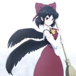  1girl ascot bamboo_broom bare_shoulders black_hair black_wings bow broom commentary cosplay detached_sleeves frilled_bow frills hair_bow hakurei_reimu hakurei_reimu_(cosplay) highres holding holding_broom japanese_clothes long_skirt looking_at_viewer miko pointy_ears red_bow red_eyes red_skirt shameimaru_aya shirosato short_hair simple_background skirt solo touhou white_background wide_sleeves wings yellow_neckwear 
