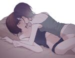  2girls asakura_tooru bare_arms black_camisole black_panties blush brown_hair camisole camisole_lift collarbone commentary_request girl_on_top gradient_hair grey_camisole grey_panties hand_on_another&#039;s_chest higuchi_madoka idolmaster idolmaster_shiny_colors kiss lifted_by_another lying multicolored_hair multiple_girls navel nonaprev on_back on_bed panties pillow purple_hair short_hair shoulder_blades simple_background strap_slip sweat underwear white_background yuri 