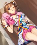  1girl ahoge bangs bottle brown_hair butterfly_hair_ornament butterfly_ornament choker commentary couch drill_hair eyebrows_visible_through_hair grin hair_ornament hair_ribbon holding holding_bottle idol idolmaster idolmaster_million_live! jacket kamille_(vcx68) looking_at_viewer lying medium_hair nouvelle_tricolor_(idolmaster) on_back on_couch one_eye_closed pillow pink_choker pink_shorts polka_dot polka_dot_shorts ribbon sash short_shorts short_sleeves shorts side_drill sidelocks smile solo sweat v violet_eyes water_bottle white_jacket white_ribbon wrist_cuffs yokoyama_nao 