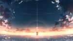  1girl clouds facing_back highres horizon instrument lens_flare original reflection ripples rune_xiao scenery skirt sky solo standing star_(sky) starry_sky sunset water water_world 